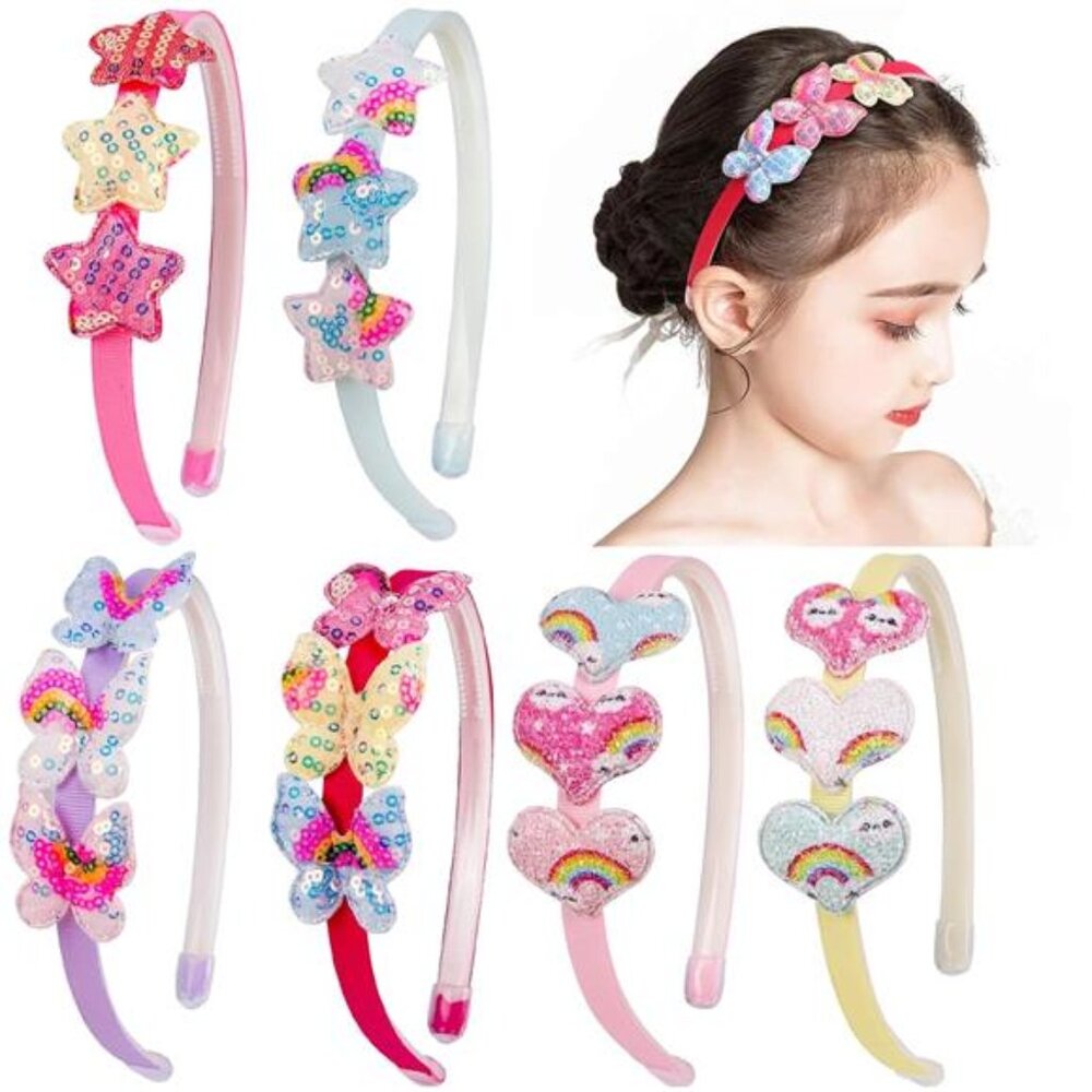 Girls Glitter Headbands Kids Toddler Sequin Heart Star Butterfly Non Slip 6 Pack